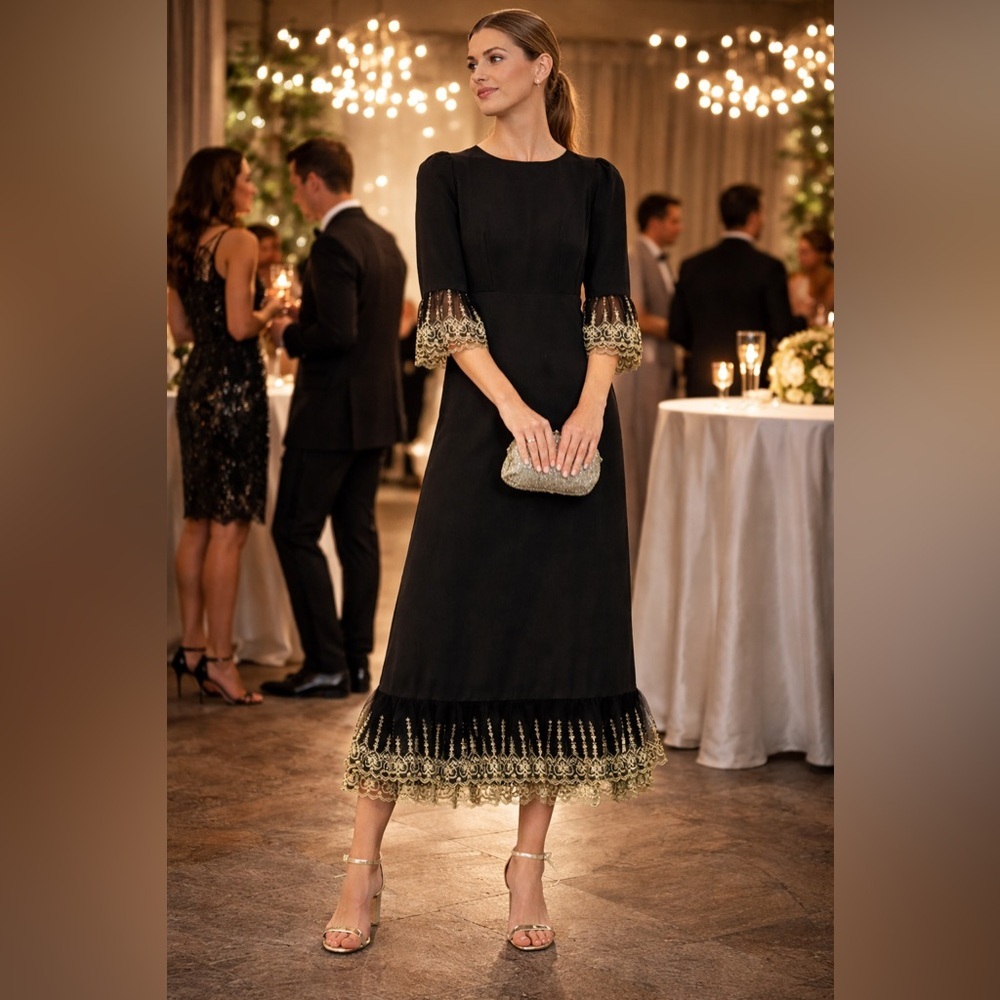 Pomander Place Lillith Black Maxi Dress M NWT Gold Lace Formal Gala